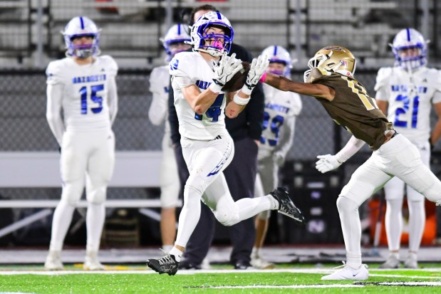 Nazareth's Matthew Leluga catches the ball against Bethlehem Catholic on Saturday, Oct. 17, 2026, BASD Stadium in Bethlehem. (Jonathan Broady/Special to The Morning Call)