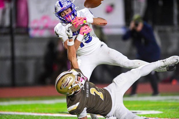 Nazareth's Luke Depietro breaks up a pass against Bethlehem Catholic's Carter Vassa on Saturday, Oct. 17, 2026, BASD Stadium in Bethlehem. (Jonathan Broady/Special to The Morning Call)