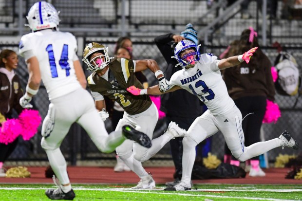 Nazareth's Luke Depietro hold onto Bethlehem Catholic's Carter Vassa jersey on Saturday, Oct. 17, 2026, BASD Stadium in Bethlehem. (Jonathan Broady/Special to The Morning Call)