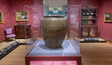 A monumental jar made and inscribed by enslaved potter David Drake, also known as Dave, is displayed in the A Nation of Artists exhibition at the Philadelphia Museum of Art in Philadelphia on Thursday, Oct. 8, 2026.