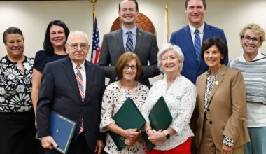 Three Chester County voters were inducted in the Voter Hall of Fame for casting ballots in 50 consecutive November elections. Picture, from left to right, are: Nicola Whitlock, chief of staff for state Sen. Katie Muth; Stephanie Reid, executive deputy secretary, Pennsylvania department of state; inductees Michael Lese, Rita Lese, and Patricia Conroy; County Commissioner Marian Moskowitz; U.S. Representative Chrissy Houlahan. In back, County Commissioners Eric Roe and Josh Maxwell.