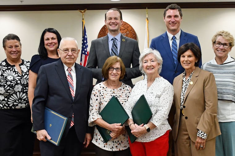 Three Chester County voters were inducted in the Voter Hall of Fame for casting ballots in 50 consecutive November elections. Picture, from left to right, are: Nicola Whitlock, chief of staff for state Sen. Katie Muth; Stephanie Reid, executive deputy secretary, Pennsylvania department of state; inductees Michael Lese, Rita Lese, and Patricia Conroy; County Commissioner Marian Moskowitz; U.S. Representative Chrissy Houlahan. In back, County Commissioners Eric Roe and Josh Maxwell.