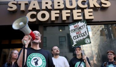 In this 2025 file photo, Teddy Guerra, a Starbucks employee at 20th and Market, speaks during a Starbucks Workers United rally outside the shop at 16th and Walnut. City Council this week approved legislation to support a nationwide boycott of Starbucks amid a unionization effort.