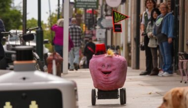 Orifice the Awebot trails an Uber Eats robot on the streets of Old City as a confused yellow Labrador retriever looks on.