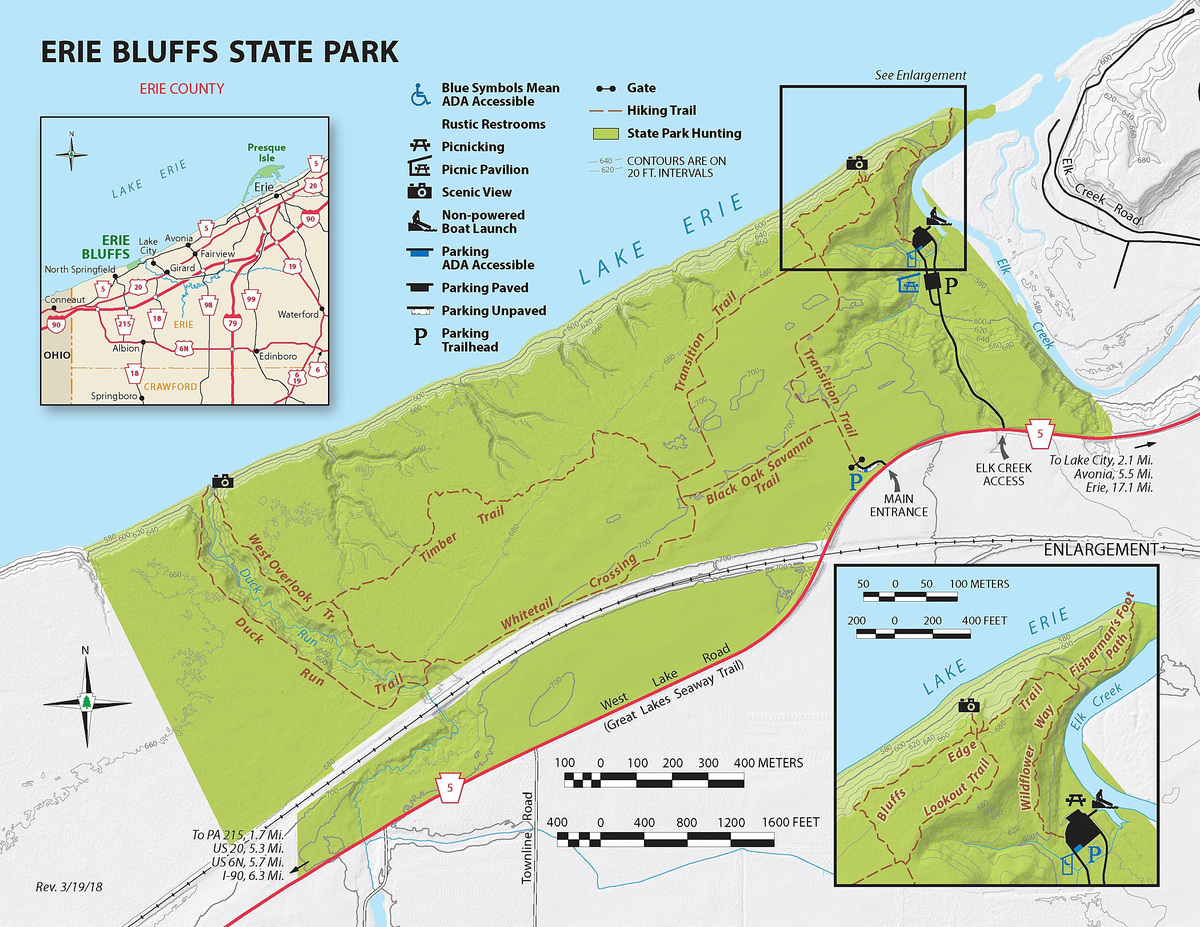 Erie Bluffs State Park, 11122 West Lake Road, is located in Girard and Springfield townships in Erie County. The park features a mile of Lake Erie shoreline, 90-foot bluffs, hiking trails and access to Elk Creek.