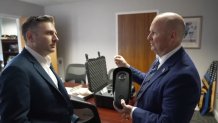 Abington Township Police Chief Patrick Molloy shows NBC10 investigative reporter David Charns a Flock Safety camera.