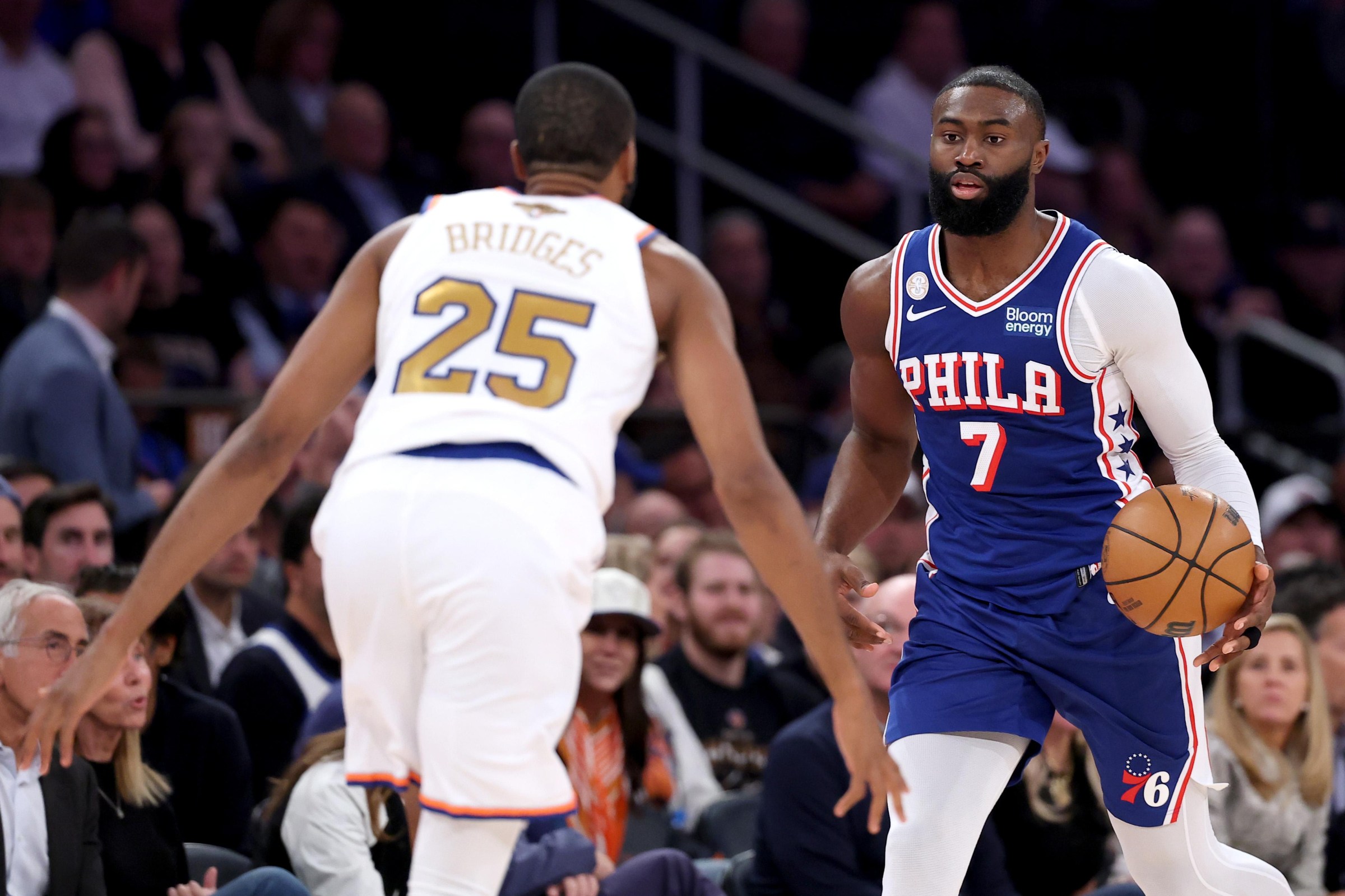 NEW YORK, NEW YORK - OCTOBER 20: Jaylen Brown #7 of the Philadelphia 76ers dribbles the ball during the third quarter of the game against Mikal Bridges #25 of the New York Knicks at Madison Square Garden on October 20, 2026 in New York City. NOTE TO USER: User expressly acknowledges and agrees that, by downloading and or using this photograph, User is consenting to the terms and conditions of the Getty Images License Agreement. (Photo by Sarah Stier/Getty Images)
