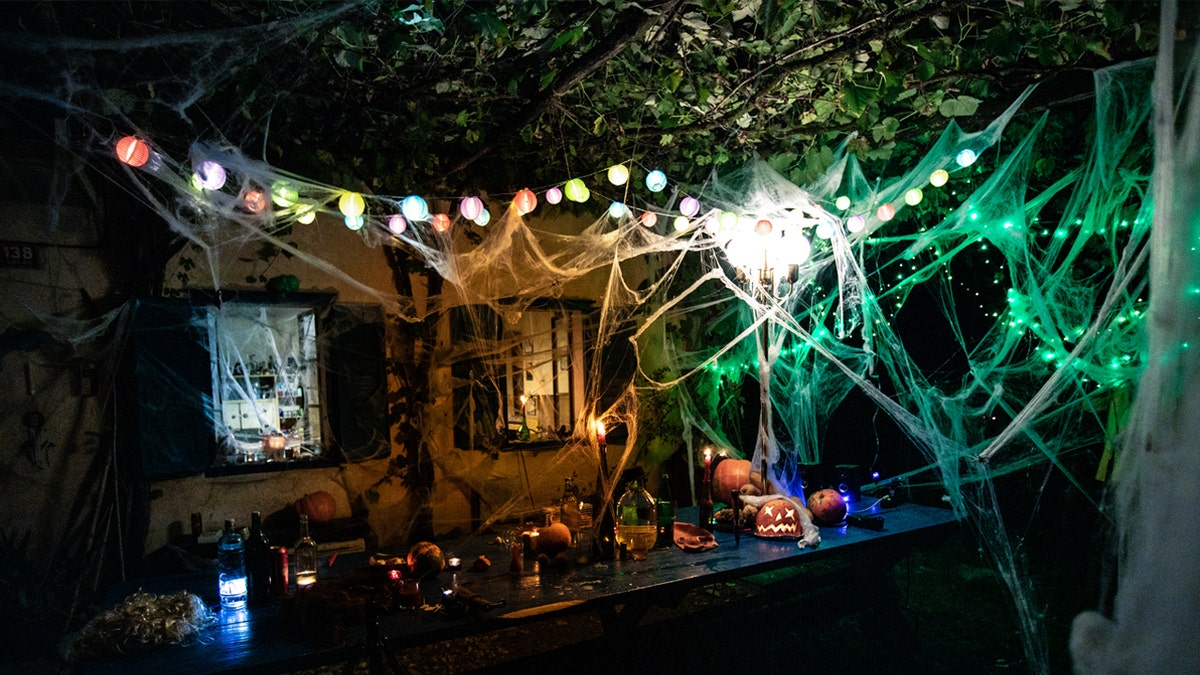 Front yard decorated with a lot of spider webs.