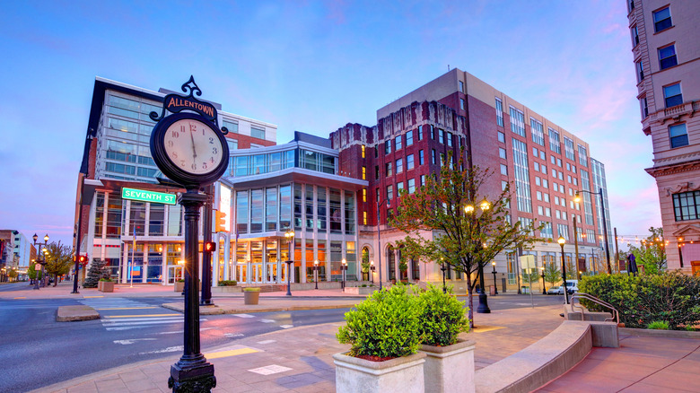 A clock stands in downtown Allentown, Pennsylvania
