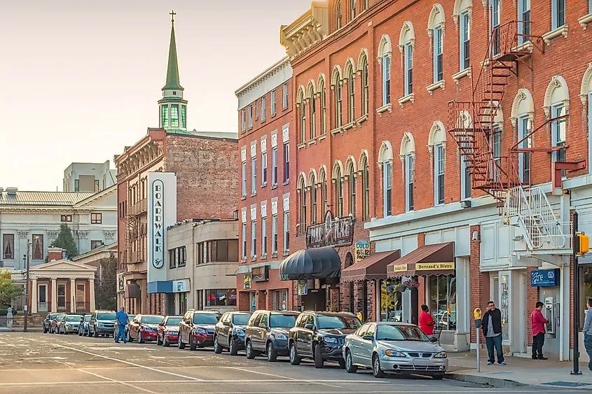 Pedestrians on the sidewalk in downtown Erie, Pennsylvania.