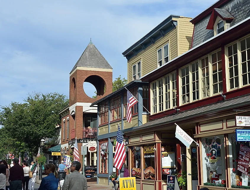 People walking on the street in downtown Doylestown, Pennsylvania.