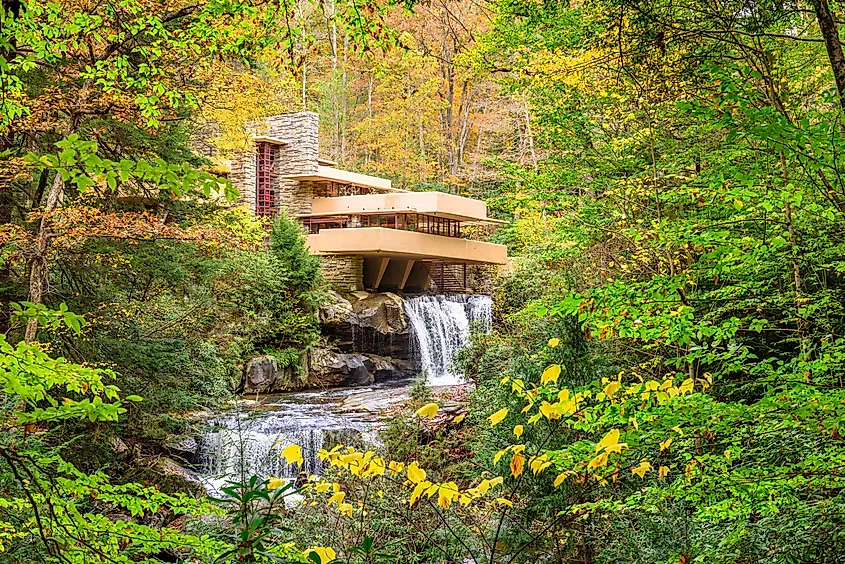 Fallingwater cantilevered over Bear Run waterfall at Mill Run, Pennsylvania.