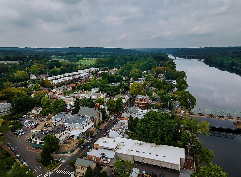 Aerial view of New Hope, Pennsylvania, on the Delaware River.