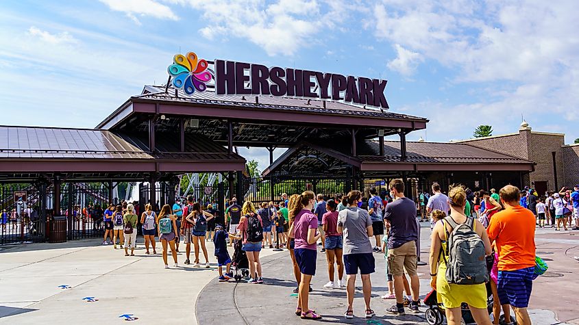 Visitors queuing at the entrance to Hersheypark in Hershey, Pennsylvania.