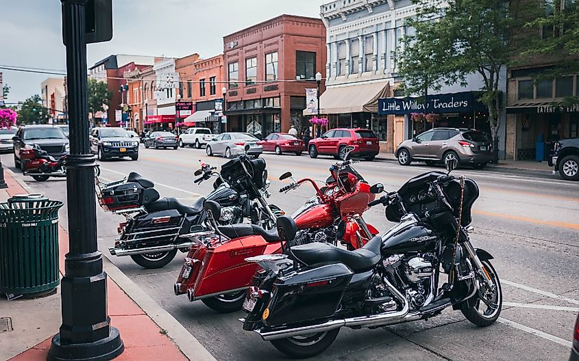 Main Street in the evening in downtown Sheridan, Wyoming.