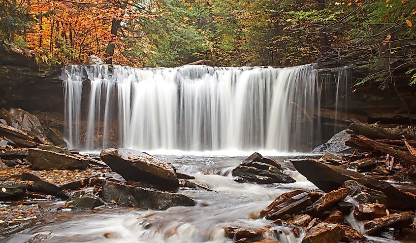 A waterfall at Ricketts Glen State Park near Benton, Pennsylvania, in autumn.