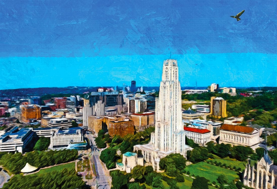 An aerial photo of the Cathedral rendered to look like a painting