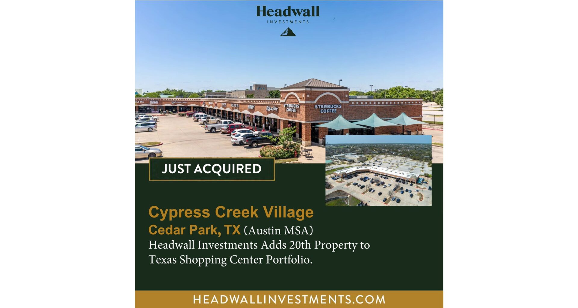 Headwall Investments Bolsters Texas Presence with 20th Unanchored Shopping Center Acquisition, Solidifying Leadership in Convenience Retail Sector