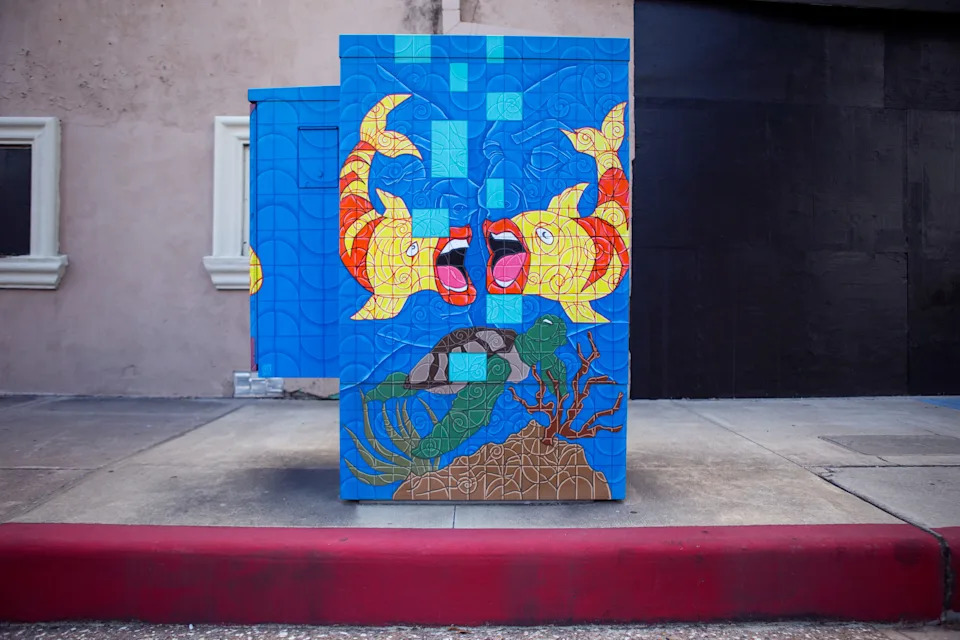 A painted utility box in downtown Corpus Christi is located near the corner of William and North Chaparral streets. The Downtown Management District began the process of having the boxes painted in 1997 with a program called Art Sparks. The program allowed students interested in art to paint the boxes over the summer under the supervision of a teacher and get paid for their work. In 2004, the district began using commissioned artists.