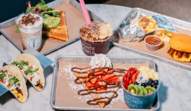 Overview photos of crepes, breakfast tacos, breakfast sandwiches and smoothie bowls.