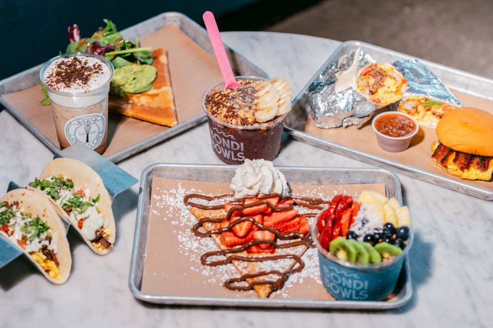 Overview photos of crepes, breakfast tacos, breakfast sandwiches and smoothie bowls.