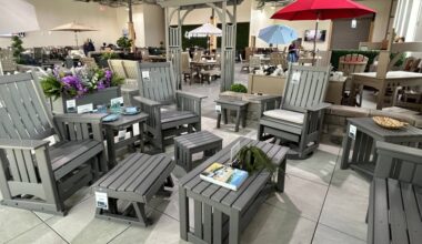 Outdoor furniture displayed in a showroom.