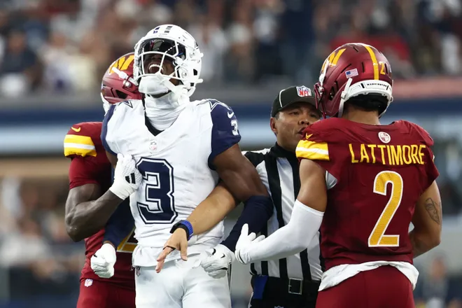 Oct 19, 2025; Arlington, Texas, USA; Dallas Cowboys wide receiver George Pickens (3) celebrates after a play as Washington Commanders safety Quan Martin (20) and cornerback Marshon Lattimore (2) look on during the second quarter of the game at AT&T Stadium. Mandatory Credit: Kevin Jairaj-Imagn Images