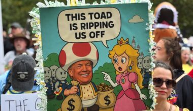 Anti-Trump sign depicting him as Mario Bros. toadstool.