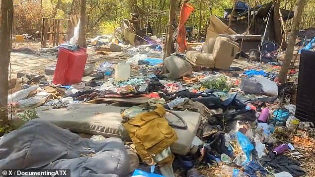 Shocking videos show Austin park littered with liquor bottles, needles and junk 'as far as the eye can see' as illegal homeless encampment grows