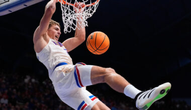 Kansas guard Kohl Rosario dunks the ball during the first half of an NCAA college basketball game against Texas A&M Corpus Christi, Tuesday, Nov. 11, 2025, in Lawrence, Kan. (AP Photo/Charlie Riedel)