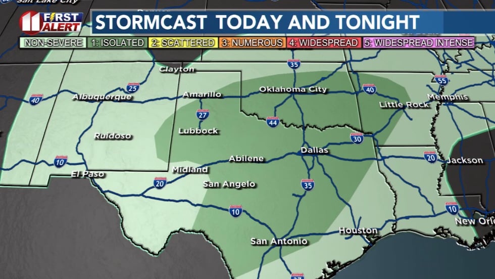 There is a slight chance some storms today may become marginally severe.