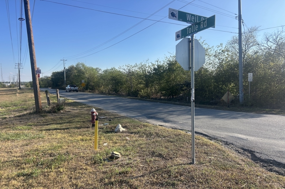 A rural road is seen on a sunny day in Cibolo, Texas.