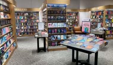 bookshelves and tables in a bookstore