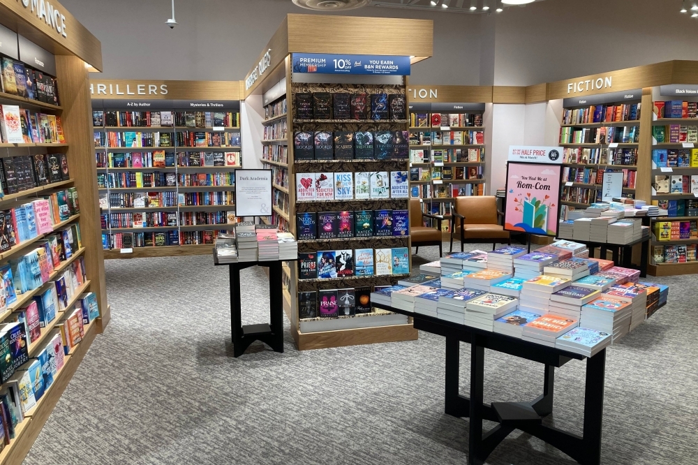 bookshelves and tables in a bookstore