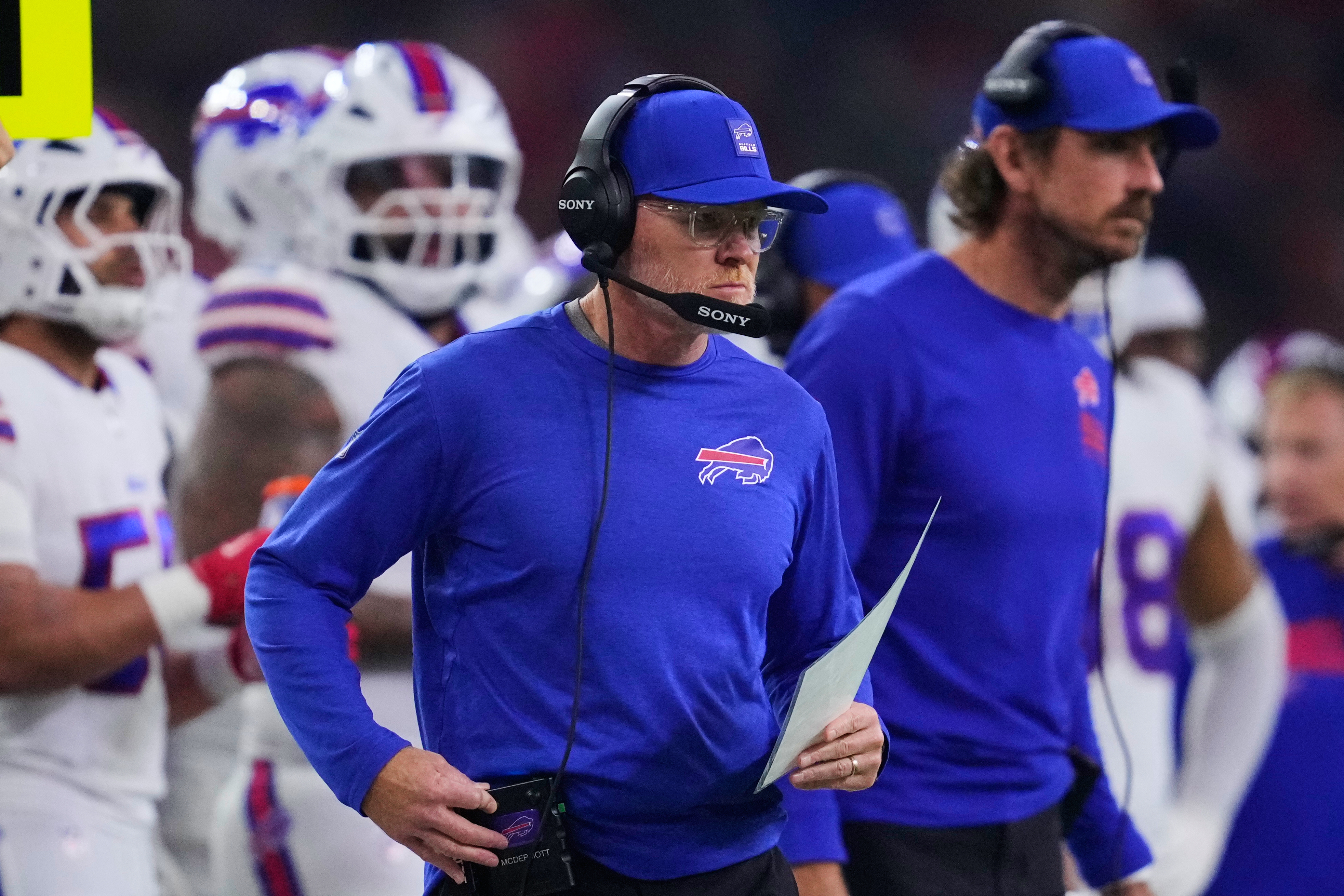 Buffalo Bills head coach Sean McDermott watches play in the first half of an NFL football game against the Houston Texans Thursday, Nov. 20, 2025, in Houston. (AP Photo/Ashley Landis)
