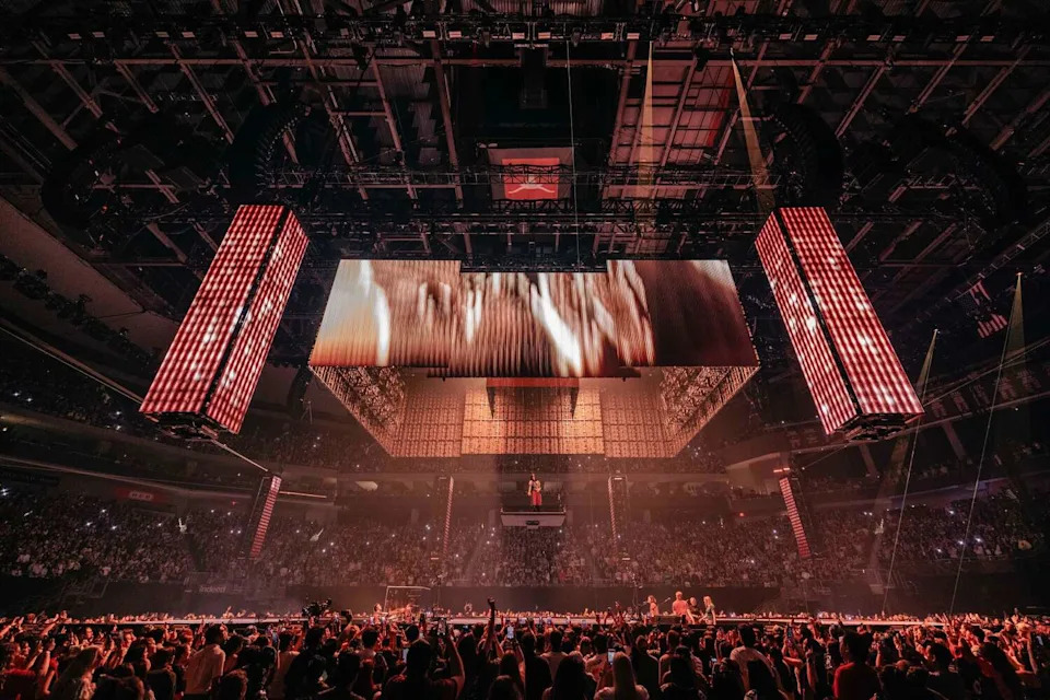 A massive screen and floating light structures transformed the atmosphere at Moody Center during two sold out Billie Eilish shows in Austin on Nov. 13, 2025. (Henry Hwu/Provided by Live Nation)
