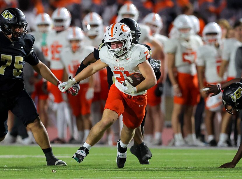 Celina running back Evan Koehne (21) finds a huge hole to run against Pinkston during the...