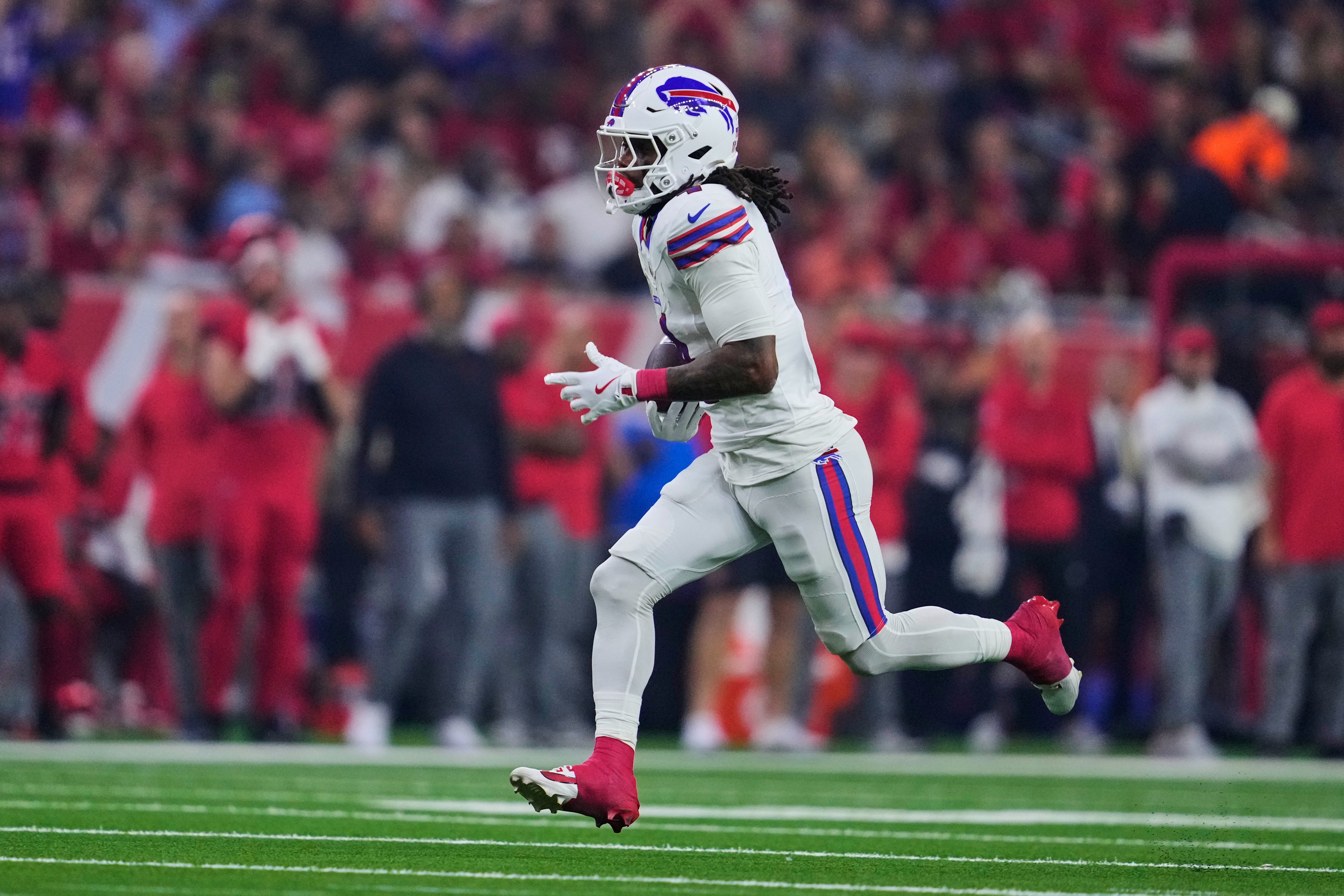 Buffalo Bills running back James Cook III runs the ball for a touchdown in the first half of an NFL football game against the Houston Texans Thursday, Nov. 20, 2025, in Houston. (AP Photo/Ashley Landis)