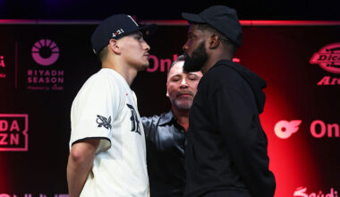 ARLINGTON, TEXAS - SEPTEMBER 23: (L-R) Vergil Ortiz and Erickson Lubin face to face during a conference to promote The 12-round fight for the WBC Interim Super Welterweight World Championship at Texas Live! on September 23, 2025 in Arlington, Texas. (Photo by Omar Vega/Getty Images)