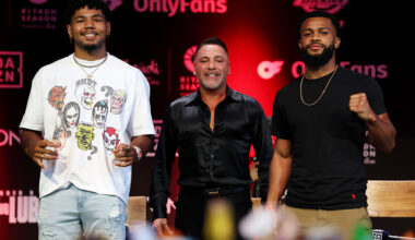 ARLINGTON, TEXAS - SEPTEMBER 23: Darius Fulghum (L) and David Stevens (R) face off during a press conference ahead of their super middleweight fight at Texas Live! on September 23, 2025 in Arlington, Texas. (Photo by Cris Esqueda/Golden Boy/Getty Images)