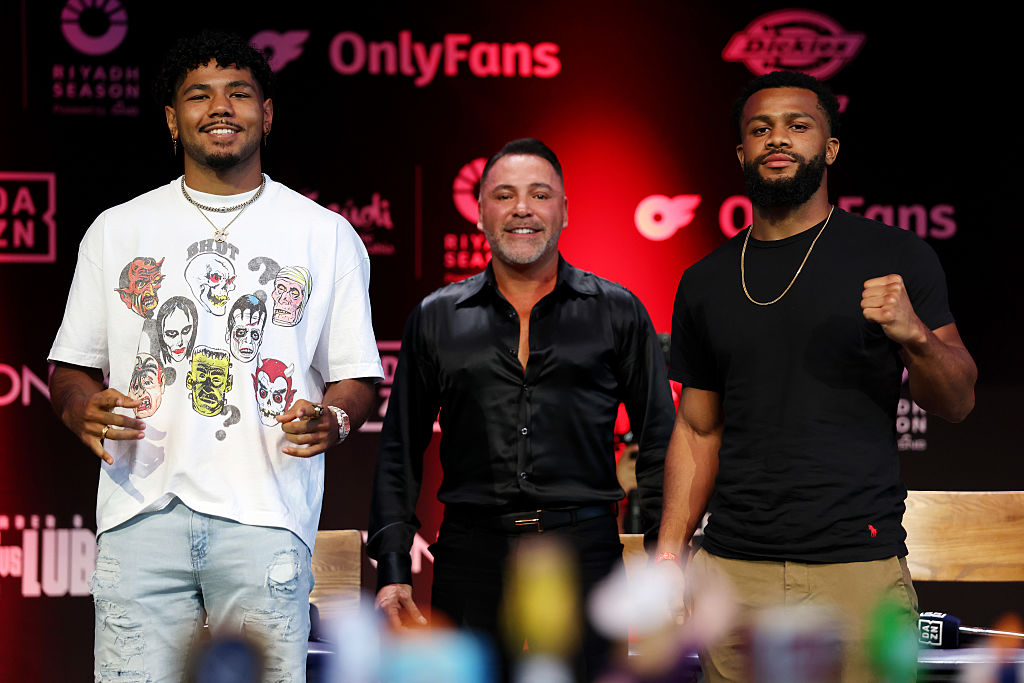 ARLINGTON, TEXAS - SEPTEMBER 23: Darius Fulghum (L) and David Stevens (R) face off during a press conference ahead of their super middleweight fight at Texas Live! on September 23, 2025 in Arlington, Texas. (Photo by Cris Esqueda/Golden Boy/Getty Images)