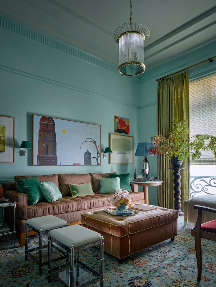 Austin-based designer Avery Cox named this room "Blue in Green" after a Miles Davis number,...