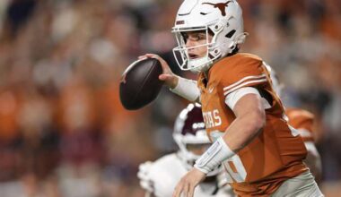 No. 16 Texas beats No. 3 Texas A&M 27-17 to spoil the Aggies’ undefeated season and SEC title-game hopes