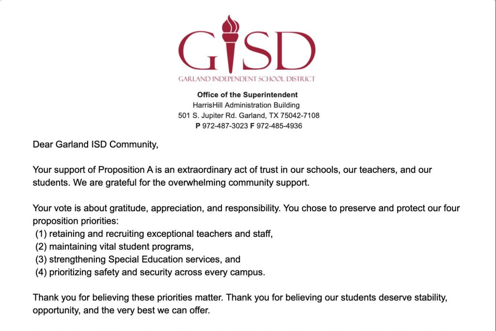 Garland ISD Superintendent issues message of appreciation – Blue Ribbon News