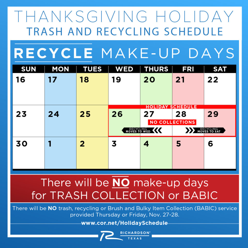 Trash/Recycling Changes Next Week due to Thanksgiving Holiday
