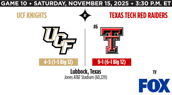 UCF Knights Travel to Lubbock to Take On No. 6 Texas Tech Red Raiders on FOX