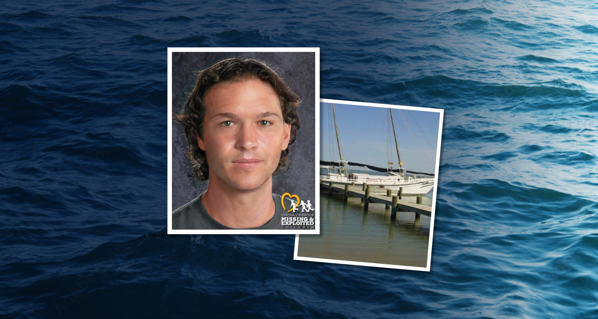 age progression of white man with curly brown hair next to picture of boat; water in the background