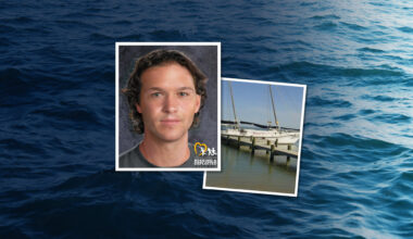 age progression of white man with curly brown hair next to picture of boat; water in the background