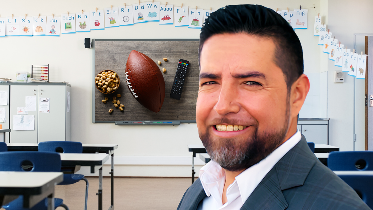 An illustrative picture of Chris Hernandez in an empty classroom with a football and snacks on the chalk board.
