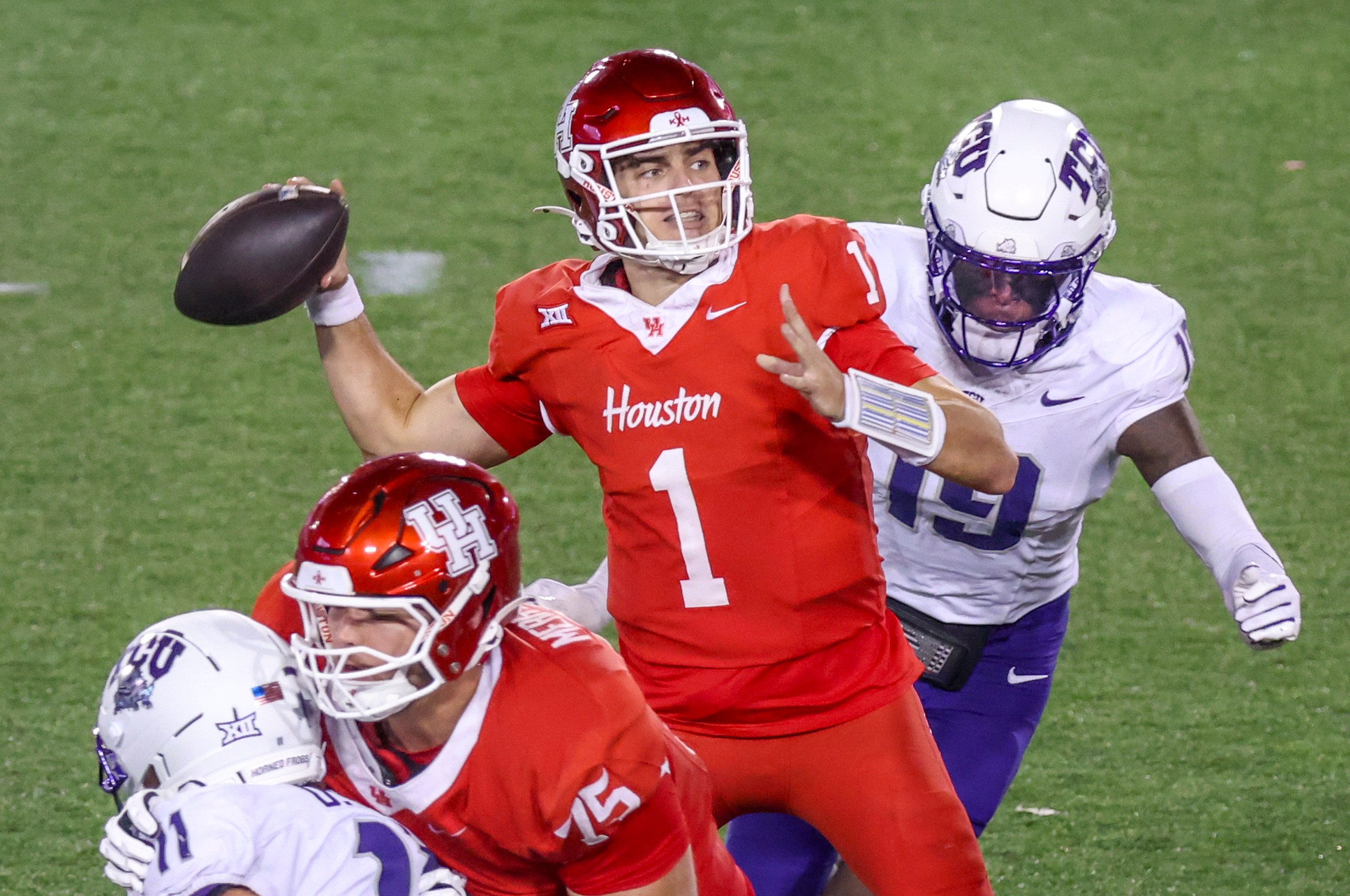 HOUSTON, TX - NOVEMBER 22: Houston Cougars quarterback Conner Weigman (1) throws for a pass in the fourth quarter during the college football game between the TCU Horned Frogs and Houston Cougars on November 22, 2025 at TDECU Stadium in Houston, Texas. (Photo by Leslie Plaza Johnson/Icon Sportswire via Getty Images)
